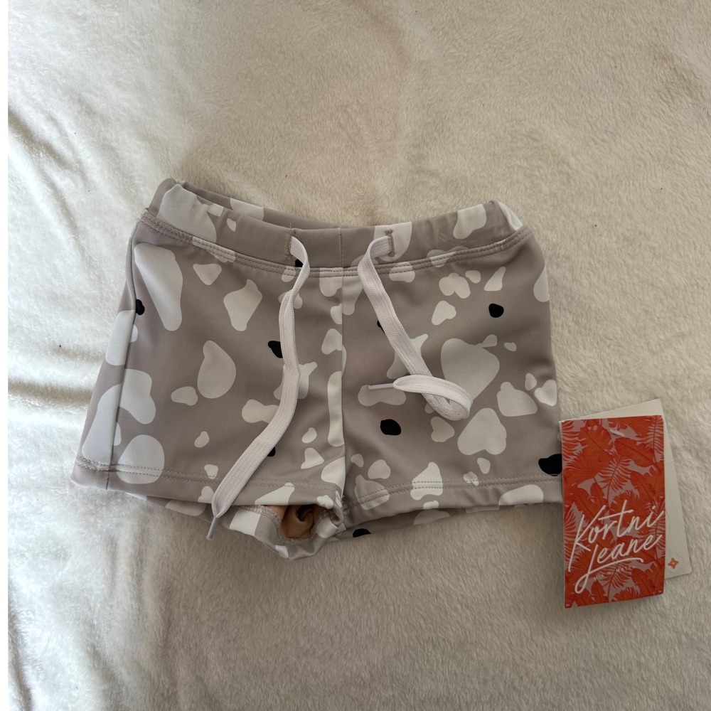 Kortni Jeane Kids Swim Trunks Cow Print Neutral Tan White 12-18M NWT